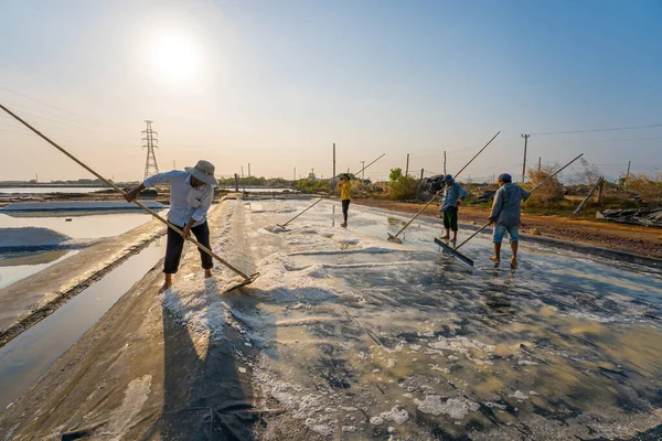 stock image Vung Tau, VIETNAM - FEB 25 2023: Sea salt process made from pile of salt in the salt pan by salt worker at rural area of Long Dien. Salt fields is one of the most unique destinations in Viet Nam