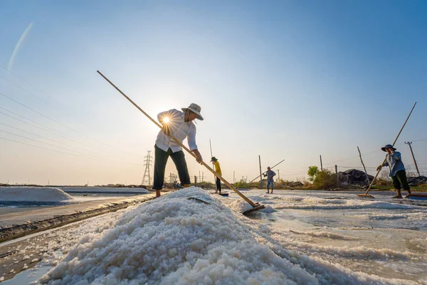 stock image Vung Tau, VIETNAM - FEB 25 2023: Sea salt process made from pile of salt in the salt pan by salt worker at rural area of Long Dien. Salt fields is one of the most unique destinations in Viet Nam