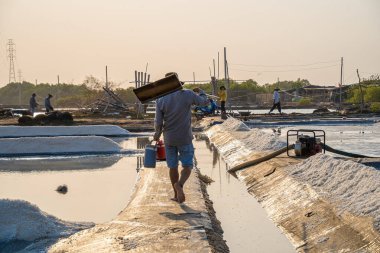 Long Dien 'in kırsal kesimindeki tuz işçisi Ba Ria Vung Tau' nun tuz tavasındaki tuz yığınından yapılmış deniz tuzu işlemi. Tuz tarlaları Vietnam 'ın en eşsiz yerlerinden biridir.