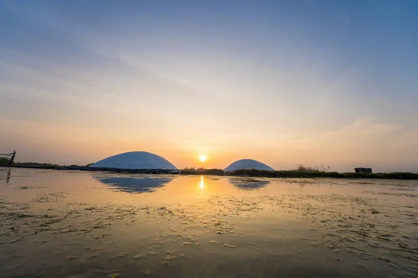 stock image Aerial drone view of Salt Fields in Long Dien, the largest sea-salt producer in Vung Tau, and its operations are based on a thousand-year tradition of sea-salt production on Long Dien downtown