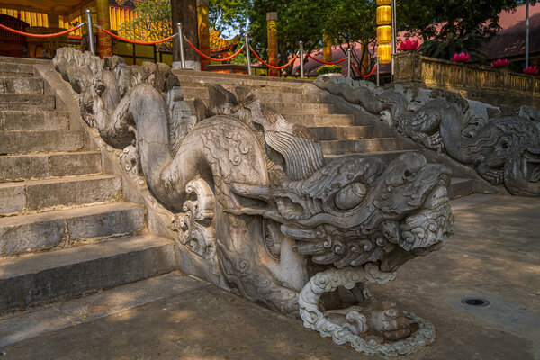 The staircase and the Dragon shaped Handrails of Kinh Thien palace. They were constructed in 1467, during the reign of King Le Thanh Tong,