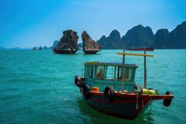 Hon Ga Choi Adası veya Horoz ve Tavuk Adası Halong Körfezi, Vietnam, Trong Mai Adası, Güneydoğu Asya 'da bulunan Savaşan Horozlar Adası..