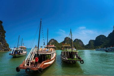 Güneydoğu Asya 'daki Hırsız Mağarası' ndan Halong Körfezi manzaralı güzel bir yer. UNESCO Dünya Mirası Alanı. Vietnam 'ın ünlü mekanı, çok güzel bir doğa harikasıdır.
