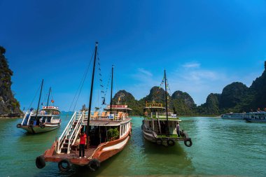 Güneydoğu Asya 'daki Hırsız Mağarası' ndan Halong Körfezi manzaralı güzel bir yer. UNESCO Dünya Mirası Alanı. Vietnam 'ın ünlü mekanı, çok güzel bir doğa harikasıdır.