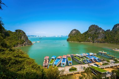 Güneydoğu Asya 'daki Hırsız Mağarası' ndan Halong Körfezi manzaralı güzel bir yer. UNESCO Dünya Mirası Alanı. Vietnam 'ın ünlü mekanı, çok güzel bir doğa harikasıdır.