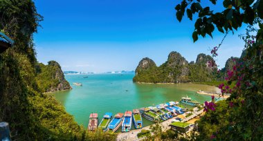 Güneydoğu Asya 'daki Hırsız Mağarası' ndan Halong Körfezi manzaralı güzel bir yer. UNESCO Dünya Mirası Alanı. Vietnam 'ın ünlü mekanı, çok güzel bir doğa harikasıdır.