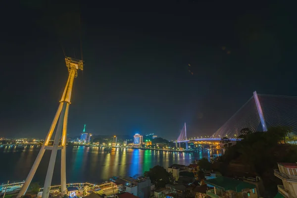 Bai Chay Bridge Night Lights Shimmering Two Peninsula Connected Hon — Stock Photo, Image
