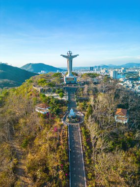 Top view of Vung Tau with statue of Jesus Christ on Mountain . the most popular local place. Christ the King, a statue of Jesus. Travel concept.