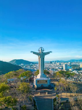 Top view of Vung Tau with statue of Jesus Christ on Mountain . the most popular local place. Christ the King, a statue of Jesus. Travel concept.