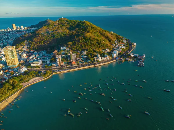 Vung Tau City Aerial View Beautiful Sunset Many Boats Panoramic — 스톡 사진