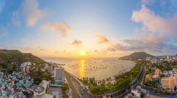 Vung Tau City Aerial View Beautiful Sunset Many Boats Panoramic — 스톡 사진