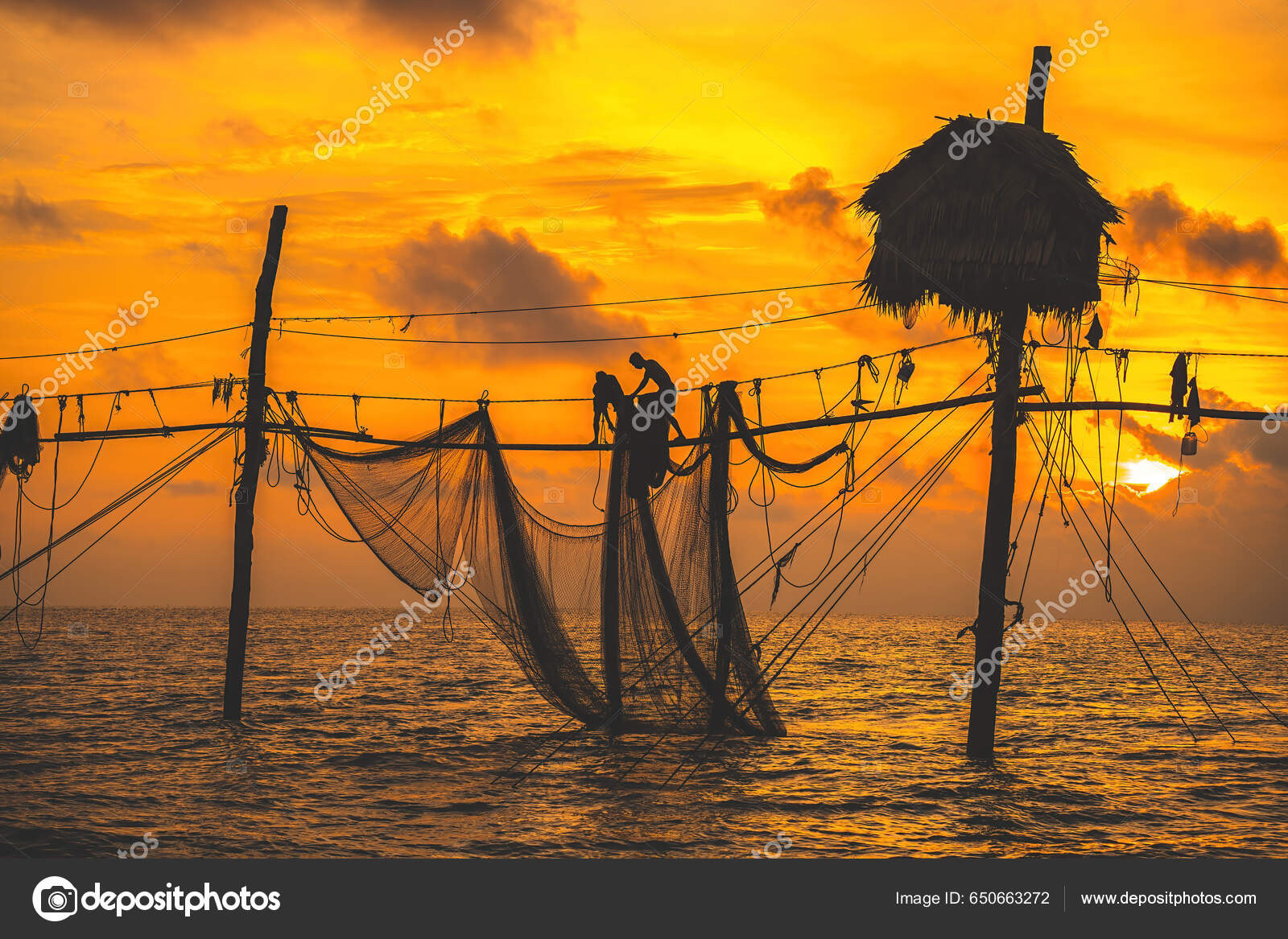 Silhouette Fishermen Casting Nets Fishing Poles Sunrise