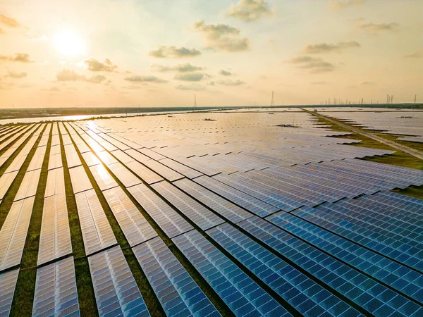 农场太阳能电池板的最高视图 替代电力来源 太阳能电池板吸收阳光作为能源来发电 创造可持续能源 生态概念 — 图库照片