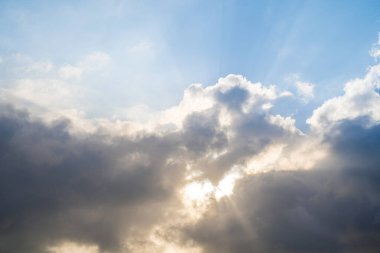 Beautiful view of blue sky with clouds at sunrise. Partly cloudy.Background cloud summer. Cloud summer. Sky cloud clear with sunset. Natural sky cinematic beautiful yellow and white texture background