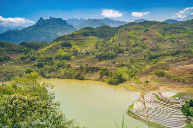 Muong Hum, Y Ty, Lao Cai, Vietnam 'daki pirinç teraslarının hava görüntüsü. Vietnam 'ın manzara manzarası, Muong Hum' un kalbi pirinç tarlaları. Muhteşem pirinç tarlaları. Dikilmiş panorama çekimi