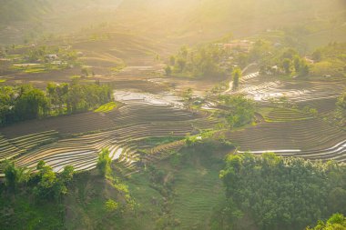 Sang Ma Sao, Y Ty, Lao Cai, Vietnam 'daki pirinç teraslarının hava görüntüleri. Vietnam manzarası, Sang Ma Sao 'nun pirinç tarlaları. Muhteşem pirinç tarlaları. Dikilmiş panorama çekimi