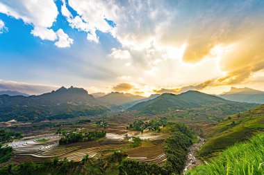 Sang Ma Sao, Y Ty, Lao Cai, Vietnam 'daki pirinç teraslarının hava görüntüleri. Vietnam manzarası, Sang Ma Sao 'nun pirinç tarlaları. Muhteşem pirinç tarlaları. Dikilmiş panorama çekimi