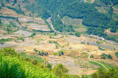 Thien Sinh Vadisi, Y Ty, Lao Cai, Vietnam 'daki pirinç teraslarının hava görüntüsü. Vietnam manzarası, Thien Sinh 'in pirinç tarlaları. Muhteşem pirinç tarlaları. Dikilmiş panorama çekimi