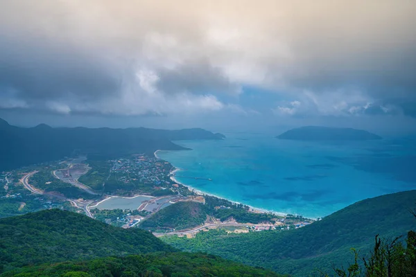 stock image Top view Panoramic coastal Con Dao island view from above, with waves, coastline ,clear sky and road, blue sea and mountain. New passenger port of Con Dao.