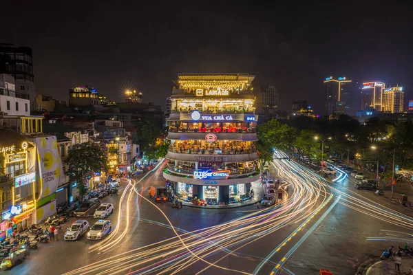 stock image Ha Noi, VIETNAM - MAY 04 2023: Timelapse at night The building is known as Shark Jaw or Ham Ca Map, at Dong Kinh Nghia Thuc Square. Popular landmark, famous destination of Vietnam