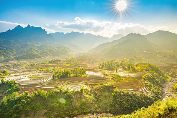 Aerial image of rice terraces in Sang Ma Sao, Y Ty, Lao Cai province, Vietnam. Landscape panorama of Vietnam, terraced rice fields of Sang Ma Sao. Spectacular rice fields. Stitched panorama shot