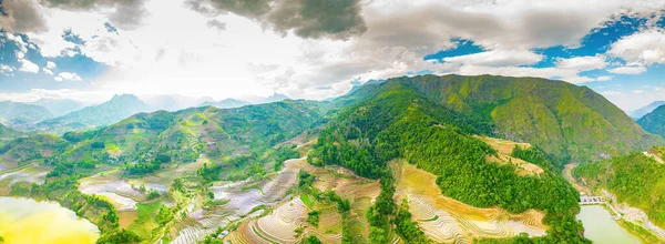 Stock image Aerial image of rice terraces in Sang Ma Sao, Y Ty, Lao Cai province, Vietnam. Landscape panorama of Vietnam, terraced rice fields of Sang Ma Sao. Spectacular rice fields. Stitched panorama shot