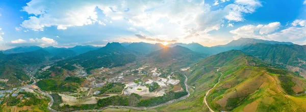 stock image Aerial image of rice terraces in Sang Ma Sao, Y Ty, Lao Cai province, Vietnam. Landscape panorama of Vietnam, terraced rice fields of Sang Ma Sao. Spectacular rice fields. Stitched panorama shot