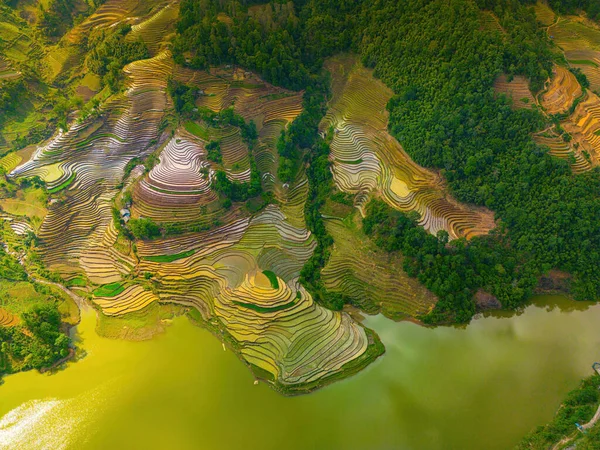 Aerial image of rice terraces in Muong Hum, Y Ty, Lao Cai province, Vietnam. Landscape panorama of Vietnam, terraced rice fields Heart of Muong Hum. Spectacular rice fields. Stitched panorama shot
