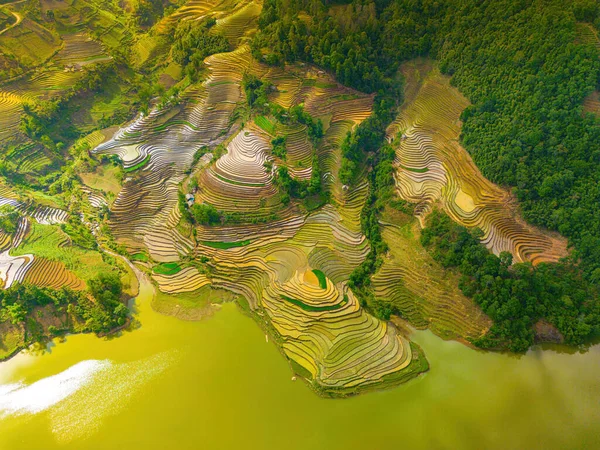 Flygfoto Ris Terrasser Muong Hum Lao Cai Provinsen Vietnam Landskap — Stockfoto