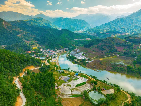 Повітряне Зображення Рисових Терас Муонг Гумі Провінція Лао Кай Єтнам — стокове фото