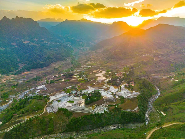 Aerial image of rice terraces in Sang Ma Sao, Y Ty, Lao Cai province, Vietnam. Landscape panorama of Vietnam, terraced rice fields of Sang Ma Sao. Spectacular rice fields. Stitched panorama shot