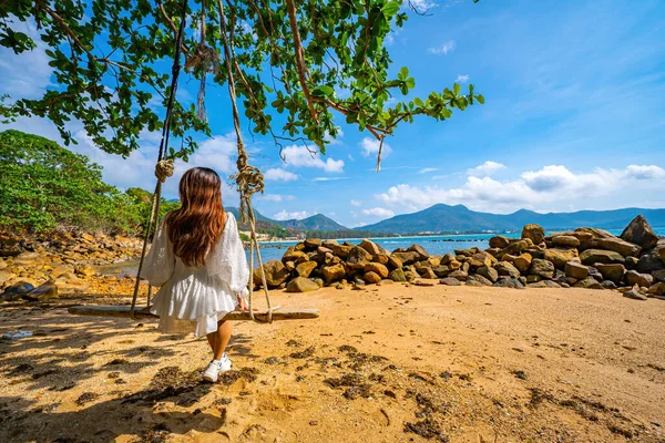 Back View Travel Woman Sitting Swing Beach Palm Trees Indian Royalty Free Stock Images