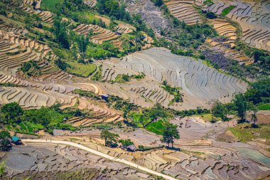 Thien Sinh Vadisi, Y Ty, Lao Cai, Vietnam 'daki pirinç teraslarının hava görüntüsü. Vietnam manzarası, Thien Sinh 'in pirinç tarlaları. Muhteşem pirinç tarlaları. Dikilmiş panorama çekimi