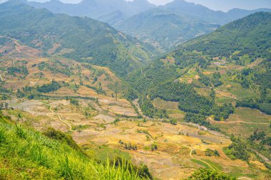 Thien Sinh Vadisi, Y Ty, Lao Cai, Vietnam 'daki pirinç teraslarının hava görüntüsü. Vietnam manzarası, Thien Sinh 'in pirinç tarlaları. Muhteşem pirinç tarlaları. Dikilmiş panorama çekimi