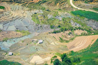Thien Sinh Vadisi, Y Ty, Lao Cai, Vietnam 'daki pirinç teraslarının hava görüntüsü. Vietnam manzarası, Thien Sinh 'in pirinç tarlaları. Muhteşem pirinç tarlaları. Dikilmiş panorama çekimi