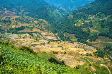 Thien Sinh Vadisi, Y Ty, Lao Cai, Vietnam 'daki pirinç teraslarının hava görüntüsü. Vietnam manzarası, Thien Sinh 'in pirinç tarlaları. Muhteşem pirinç tarlaları. Dikilmiş panorama çekimi