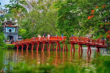 Ha Noi, VIETNAM - Mayıs 08 2023 - Hoan Kiem Gölü 'ndeki Huc Köprüsü, Vietnam' ın başkenti Hanoi 'nin tarihi merkezinde bulunan Hoan Kiem Gölü üzerindeki güzel Phoenix-Çiçeği.