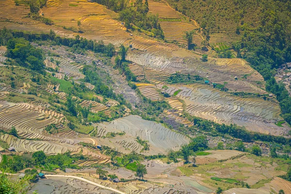 stock image Aerial image of rice terraces in Thien Sinh valley, Y Ty, Lao Cai province, Vietnam. Landscape panorama of Vietnam, terraced rice fields of Thien Sinh. Spectacular rice fields. Stitched panorama shot