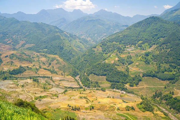 stock image Aerial image of rice terraces in Thien Sinh valley, Y Ty, Lao Cai province, Vietnam. Landscape panorama of Vietnam, terraced rice fields of Thien Sinh. Spectacular rice fields. Stitched panorama shot