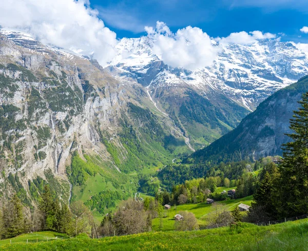 Úžasné Alpské Údolí Obci Lauterbrunnen Švýcarsku — Stock fotografie