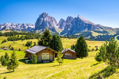 Alpe di Siusi 'deki ahşap kulübeler Dolomites, Alto Adige, İtalya 