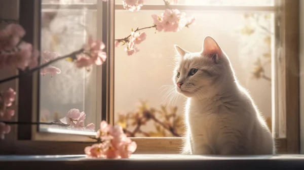 Beautiful White Cat Sitting Windowsill Sakura Flowers — Stock Photo, Image