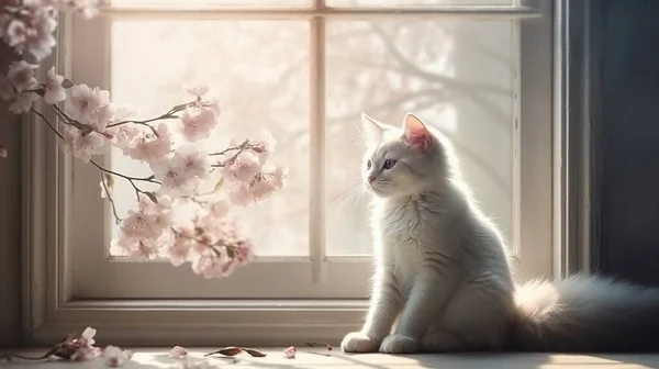 Güzel Beyaz Kedi Sakura Çiçekleriyle Pencere Eşiğinde Oturuyor — Stok fotoğraf