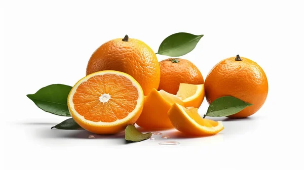 Świeże Dojrzałe Soczyste Pomarańcze Liśćmi Białym Tle — Zdjęcie stockowe