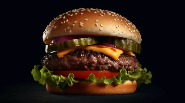 Гамбургер Яловичиною Помідорами Салатом Чорному Тлі — стокове фото