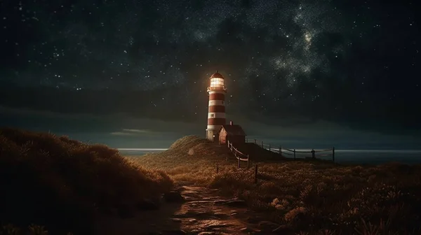 lighthouse at night with the starry sky