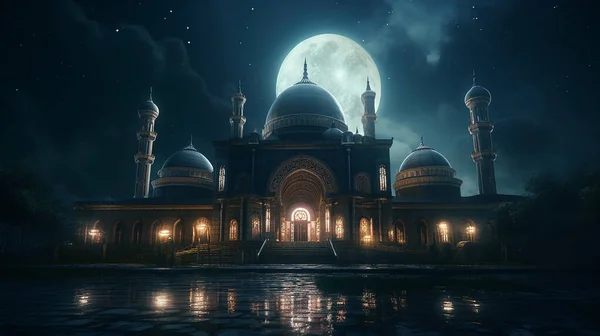 Belle Mosquée Nuit Avec Lune — Photo