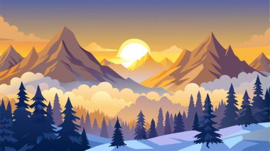 Dağları ve ağaçları olan kış ormanı manzarası