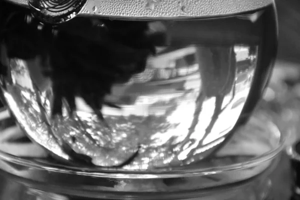 Elinde çay fincanı olan güzel genç bir kadının siyah beyaz fotoğrafı çaydanlığı fırlattı..