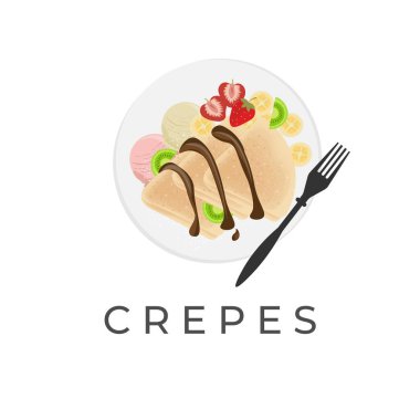 Crepe Vector Illustration Logo With Chocolate Sauce Fresh Fruit And Ice Cream